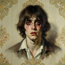 a beautiful and eerie baroque painting of a beautiful but creepy young man in layers of fear, with haunted eyes and dark hair, 1 9 7 0 s, seventies, wallpaper, a little blood, morning light showing injuries, delicate embellishments, painterly, offset printing technique, by brom, robert henri, walter popp