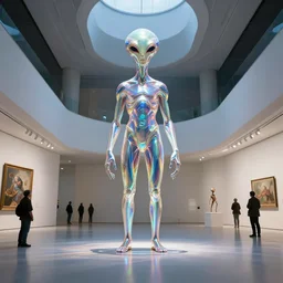 holographic alien being inside interior futuristic art gallery wide angle highly detailed by ricardo boffil and saturno butto and olafur eliasson, ( ( artgerm alphonse mucha ) ) captivating 8 k hdr, octane render godrays