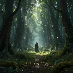 an ecological gothic scene with a beautiful druid in the distance, witch runes in the deep forest, magical clearing, sunshafts, dramatic lighting, dust mites floating in the sunlight, 4 k digital concept art