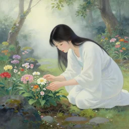 japanese fantasy garden, beautiful woman caring for the flowers, fantasy world, ethereal back light, mist, coherent composition, detailed fantasy painting, noriyoshi ohrai, yuumei, ( ( mark brooks ) )