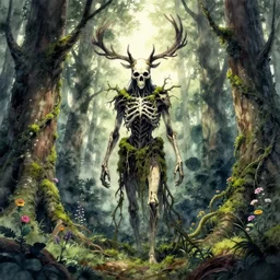 dead forest spirit standing in the woods, skull, branch antlers, moss, vines and flowers, high detail, cinematic lighting, anime, manga, watercolor,
