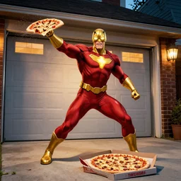 Dr Manhattan throwing a pizza over a garage