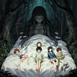 my bed giant girl cthulhu in the dark forest greg rutkowski, yoji shinkawa, yoshitaka amano, tsutomu niehi, moebius, donato giancola, geoffroy thoorens, concept art, trending on artstation, featured on pixiv, cinematic composition, 8 k
