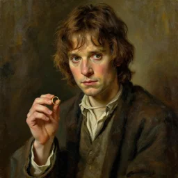 a beautiful painting of Frodo Baggins holding the ring in his hand, by craig mullins, featured on artstation