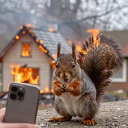 a squirrel taking a selfie with a burning house