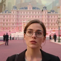 cinematic mid shot of a high detail, woman's face looking off camera, with round glasses. fine facial features. she stands in an empty, pastel colourful 3 d, vegas street scene. there are people hiding, by jeffrey smart and gregory crewdson and edward hopper, inspired by the grand budapest hotel and edward scissorhands