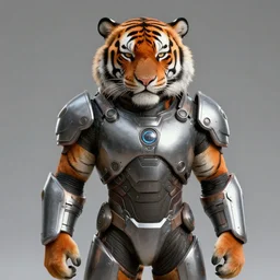 portrait of an anthropomorphic tiger with a bored face and futuristic full body armor