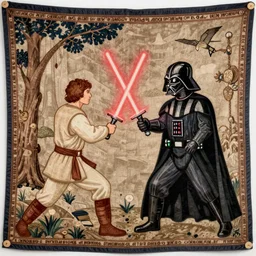 Medieval tapestry depicting the lightsaber duel between Ben Kenobi and Darth Vader