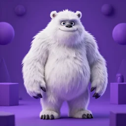 A photo of a white fur monster standing in a purple room