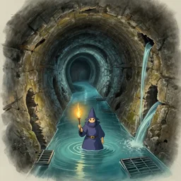 concept sketch for studio ghibli's sewer adventures where the wizard stands in a waist - deep river holding a torch in a long twisting sewer tunnel. underground, crumbling masonry, sewage falling from grates. concept art from darkest dungeon