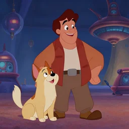 animated movie character, a man and his pet, disney style, retro futurism