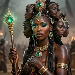 epic masterpiece portrait of a dark skin sorceress with a magic wand, on the battlefield, african tribe makeup and jewelry, sweaty skin, hyperrealistic, octane render, cinematic, followed by heads with many faces, beautiful face and flawless skin, perfect hands, emeralds by Edgar Maxence and Ross Tran and Michael Whelan, Legends of Runeterra
