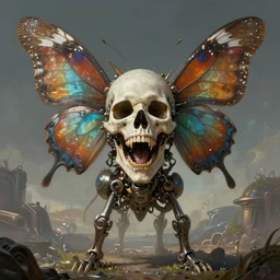 Death is swallowed up in victory, very detailed and beautiful face, screaming, mechanical butterfly, artwork by artgerm, centered shot, wide angle, full body, islandpunk, solarpunk, DD, fantasy, highly detailed, digital painting, artstation, smooth, sharp focus, art by thomas kinkade and H.R. Giger and Kevin Swartz