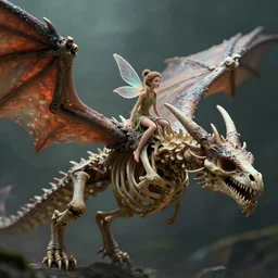 A small tiny fairy, riding the skeleton of a dragon, dramatic lighting, cinematic, establishing shot, extremely high detail, foto realistic, cinematic lighting, post processed, concept art, high details, cinematic, 8k resolution, beautiful detailed, photorealistic, digital painting, artstation, concept art, smooth, sharp focus, artstation trending, octane render, unreal engine