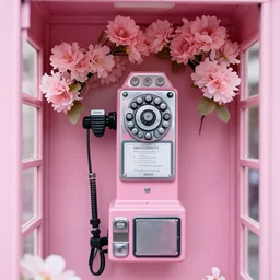 photorealistic inside a soft pink telephone booth, soft soft pink pay phone with pink flowers blooming, closeup, shot on iphone 1 3 pro, digital photography, award winning by annie leibovitz - lh 7 6 8