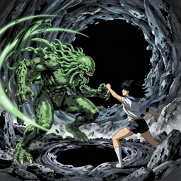 Prometheus is fighting Cthulhu that appears from a black hole, anime key visual