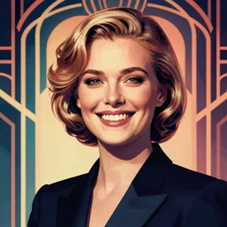 smiling, happy, beautiful, intelligent, powerful helle thorning, loving eyes, fully clothed, wise, beautiful, dramatic lighting, sharp focus, art deco patterns by stanley artgerm, retro futurism, dramatic lighting, trending on artstation, flat colour, geometric curves, gradient filter