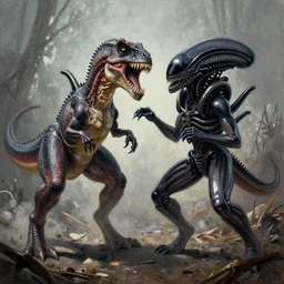 a dramatic painting of a velociraptor fighting a xenomorph from Alien, trending on Artstation