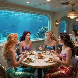 a group of mermaids having lunch in an underwater sunken ship cafe, photorealistic, 8k, trending on artstation, by edward poynter and wlop