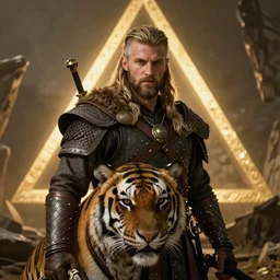 By Tom Bagshaw, a very beautiful a viking warrior with his tiger, focus, realistic eyes looking at camera, golden ratio, ruins by night, award winning, unreal render