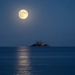 full moon casting over a still ocean, castle in far distance
