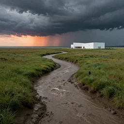 muddy river leads to sea by hiroshi yoshida, marc simonetti, roger deakins, turner, rothko, hyperrealism, cinematic, grassland, dramatic storm sunset, modernist white building, matte painting, fluid simulation, tonalism, volumetric light, trending on artstation, cgsociety, high detail concept art, top view, rendered in octane