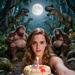 photo, hairy fat cave people, emma!! watson!!, looking at camera, surrounded by dinosaurs!, gigantic forest trees, sitting on rocks, bright moon, birthday cake on the ground, front close - up view of her face, selfie, jelly! monster!