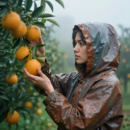 a closeup portrait of a woman wearing a hood made of muddy rusty vinyl and plastic, picking oranges from a tree in an orchard, foggy, moody, photograph, by vincent desiderio, canon eos c 3 0 0, ƒ 1. 8, 3 5 mm, 8 k, medium - format print