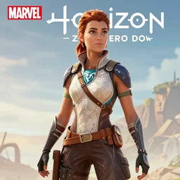cover art with Aloy from Horizon: Zero Down, (Marvel comic book cover art), art by John Kirby