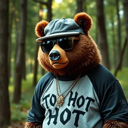smokey the bear is wearing sunglasses, a flat brim cap, a shirt that says too hot, standing in the forest, swag, jewelry, gangster - n 4