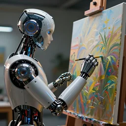 an high resolution photo of afuturistic automaton paiting a picture on a canvas, hyper detailed, photography, realistic art, 8 k, unreal engine, octane render, cinematic