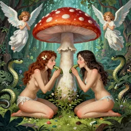 kenophobia horror vacui depicting adam and eve, in the garden of eden, eating a giant psychedelic mushroom, snakes and angels are in the background,