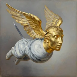 a flying marble and gold head with wings attached to its temples and a sword protruding from where its neck would be, oil painting, by Fernanda Suarez and and Edgar Maxence and greg rutkowski