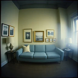 kodak portra 4 0 0, wetplate, 8 mm extreme fisheye, award - winning colour portrait by britt marling : a 1 9 6 0 s room, 1 9 6 0 s couch, blueberry, square square picture frames, haze, concrete, 1 9 6 0 s metal furniture, smoke, fog, no people