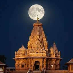 portrait of a serene hindi temple, immaculate full moon above, digital art