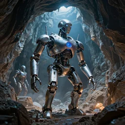 discovery of a highly advanced civilization in a robotic digital cave made of metal with minimal lighting in the style of thomas cole, cinematic lighting, raytracing, 8 k, octane render, volumetric, vivid, beautiful, hyperrealism
