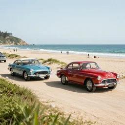 vintage cars on a beach
