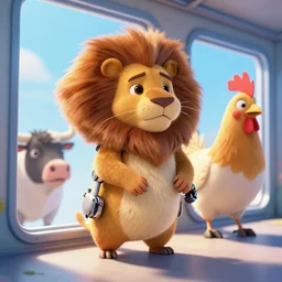 a vibrant emotional digital 3 d cg of anthropomorphic cyborg rodent lion chicken cow!!! traveling through windows of time, studio ghibli, pixar and disney animation, sharp, disney concept art maximalist splatter paint illustration by shinji kimura and alphonse mucha and alena aenami, pastel color palette, bloom!!, dramatic lighting