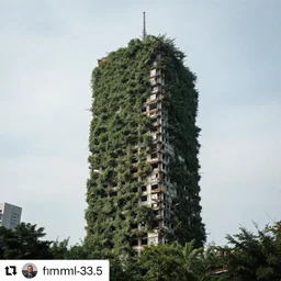 landscape photograph of an abandoned sky scraper over grown, 7 0 mm, f / 3. 5, photography landscape photography, instagram