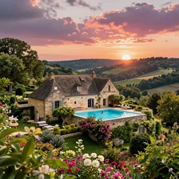 award winning photo, ultra detailed high quality, old house with swimmingpool on the hills in the dordogne in france, colorful sunset. summer. highly detailed, trees and flowers, depth of field, beautiful landscape, me swimming in the pool