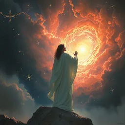 in flowing white robes she watches as the universe is born, full body, supersaturated nebulas, misty, ultra dramatic lighting, bright radial arcs of light, radiant stars, intricate, hyper detailed, beautiful concept art by greg rutkowski, artgerm, alphonse mucha, frank frazetta
