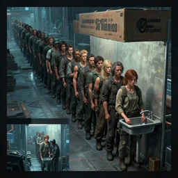 a long queue to a big box / booth. sadie sink as a miner in the queue. storyboard, scifi cyberpunk. by gabriel hardman, joe alves, chris bonura. cinematic atmosphere, detailed and intricate, perfect anatomy