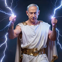 benjamin netanyahu as a buff greek god of lightning, shooting lightning bolts from hands, highly detailed, ultra clear, by artgerm and greg rutkowski