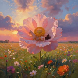 large flower head, girl floating in a flower field, surreal photography, sunrise dramatic light, impressionist painting, colorful clouds, digital painting, artstation, simon stalenhag