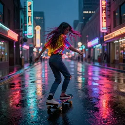 a person with long, flowing hair skateboards through an empty neon philadelphia in the rain, colored gel lighting, reflective surfaces, midnight, portra, film grain, reminiscent of blade runner, dynamic