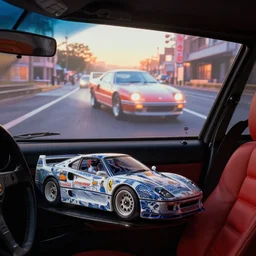 fuji 5 0 r, wide lens ; sunrise, ferrari style car interior with window view ; in background a projection of beautiful hyperrealistic film still from ronin ( 1 9 9 0 ) car chase scene directed by wachowski in style of 1 9 9 0 s frontiers in miniature porcelain kintsugu design magazine seinen manga edition, real - life seinen manga porcelain sci - fi font izakaya sign, highly detailed, cinematic lighting, 8 k