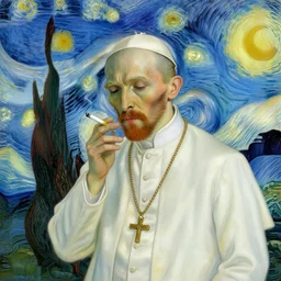 drunk pope smoking a cigarette in the style of van gogh