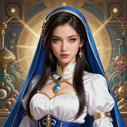 studio portrait of neutral good colorful female cleric bard healer as absurdly beautiful, elegant, young curvaciousgravure idol, ultrafine hyperdetailed face illustration by kim jung gi, irakli nadar, intricate linework, sharp focus, bright colors, octopath traveler, final fantasy, unreal engine highly rendered, global illumination, radiant light, detailed and intricate environment