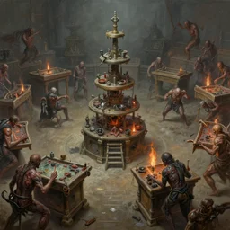 oil paint medic tables, machines as autolysis idols tiers, insane speed of dethroning melee, battle pit, by wayne d barlowe, basil wolverton, boris vallejo, stefano tamburini, torch light, muted colors, epic, hyper detailed, awe inspiring, award winning horror, hyper realism, cinematic