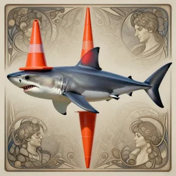 great white shark, side view, with a conical orange traffic cone orange traffic cone orange traffic cone instead of a fin - ron cheng & alphonse mucha, highly detailed, digital painting, ray tracing, concept art, illustration, smooth sharp focus, intricate, symmetry, artstation,